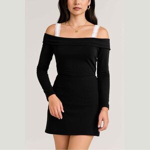 NWT Free People Off Shoulder Black Top with White Lace Straps